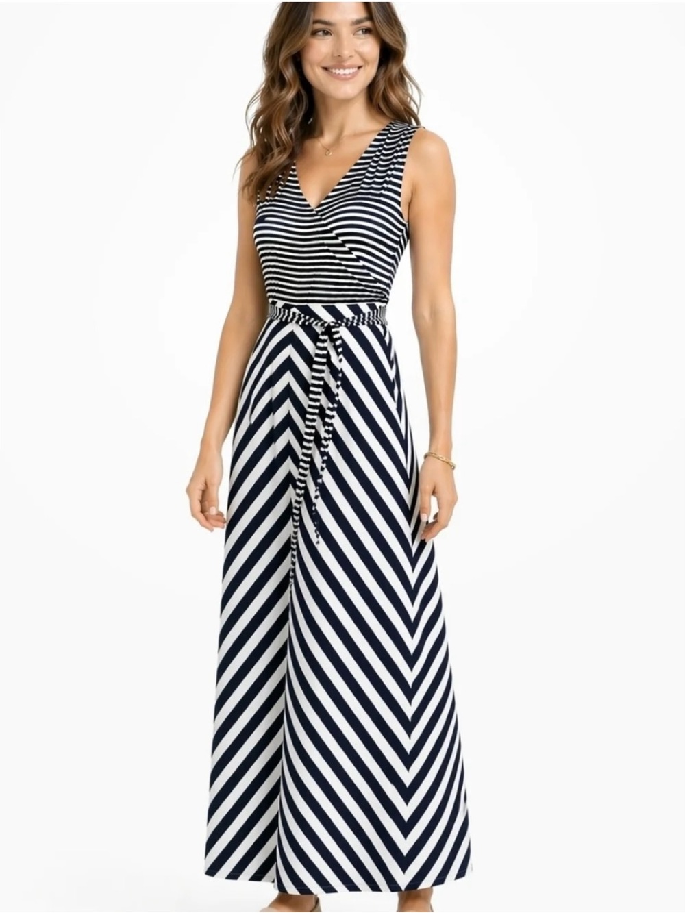 NWT Talbots Navy & White Diagonal Stripe Tie Waist Maxi Tank Dress 2X Petite